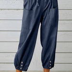 Women's Linen Cropped Pants with Drawstring Waist & Button Hem – Casual Summer Pants