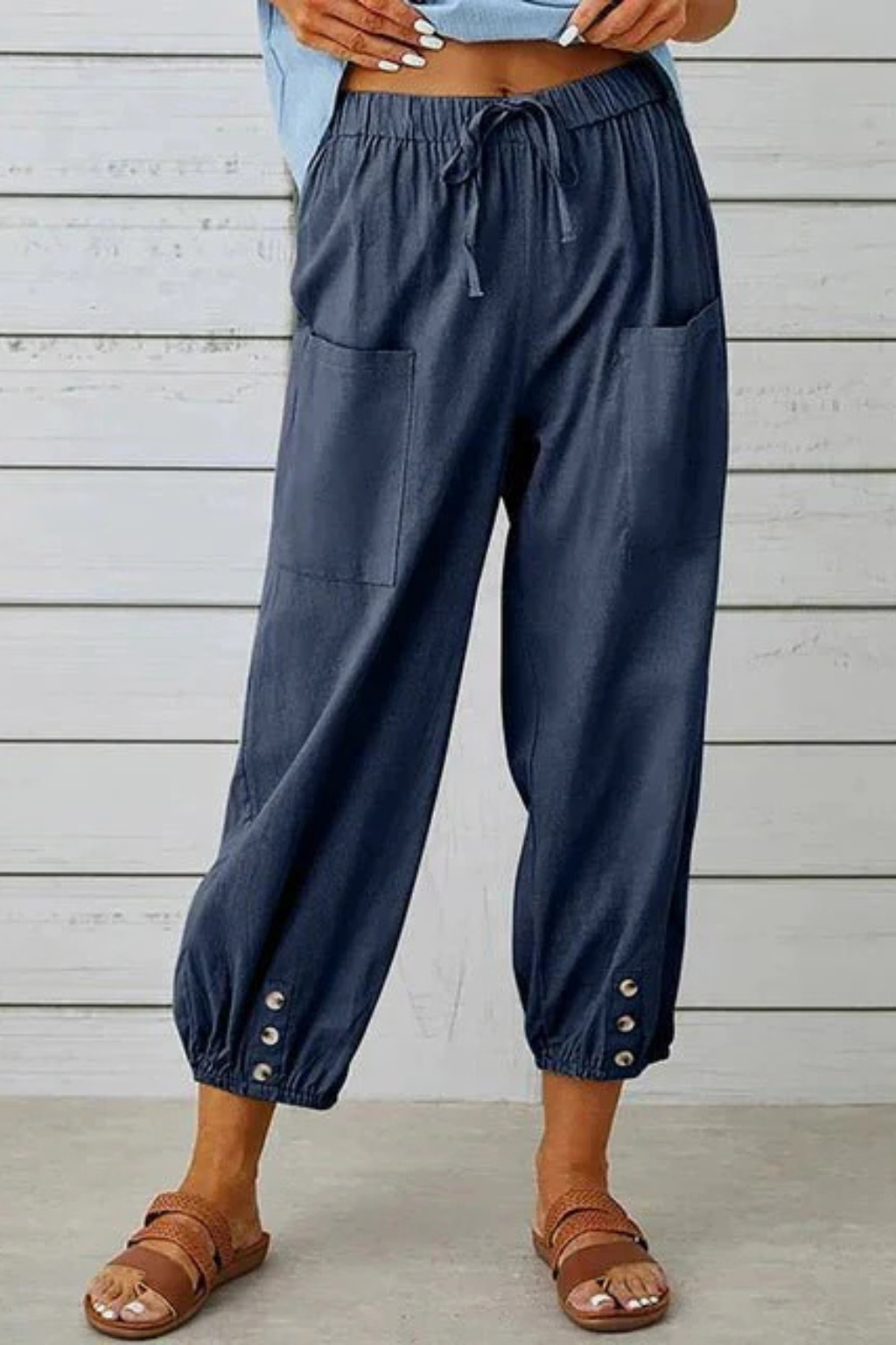 Women's Linen Cropped Pants with Drawstring Waist & Button Hem – Casual Summer Pants