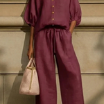 Women's Linen Co-Ord Set – Peter Pan Collar Blouse & Wide Leg Pants