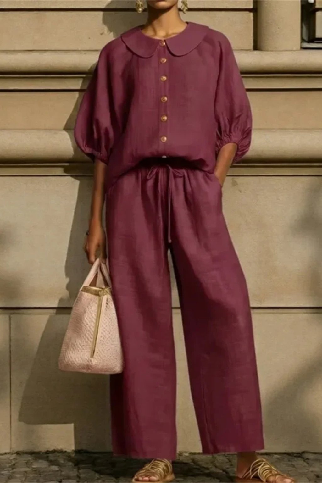 Women's Linen Co-Ord Set – Peter Pan Collar Blouse & Wide Leg Pants