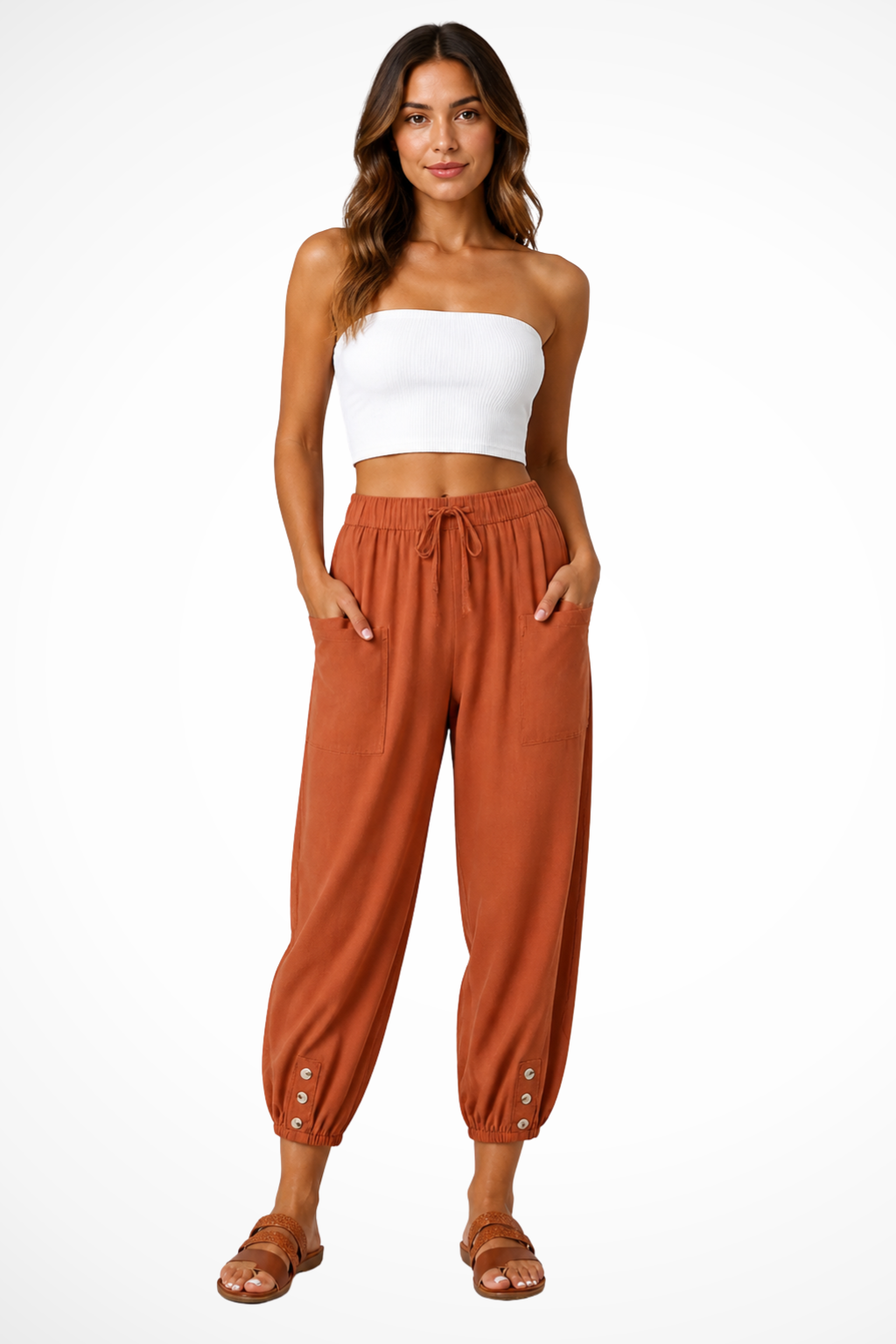 Women's Linen Cropped Pants with Drawstring Waist & Button Hem – Casual Summer Pants