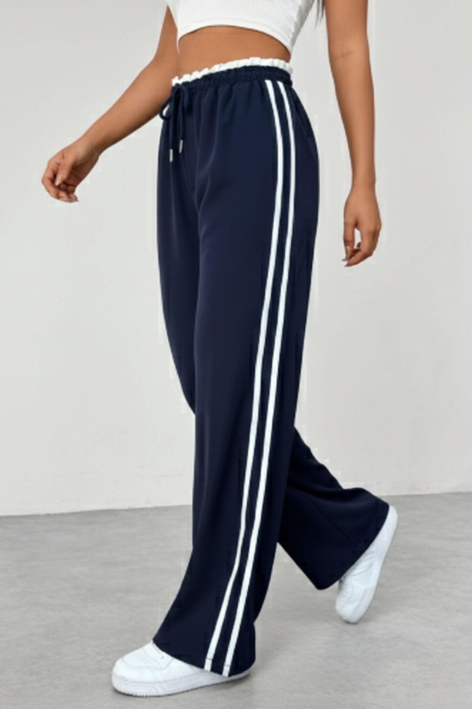 Women's Wide Leg Pants with Side Stripe & Drawstring Waist – Casual Relaxed Pants