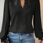 Women's Chiffon Blouse with Lace Appliqué V-Neck & Balloon Sleeves – Smart Casual Top