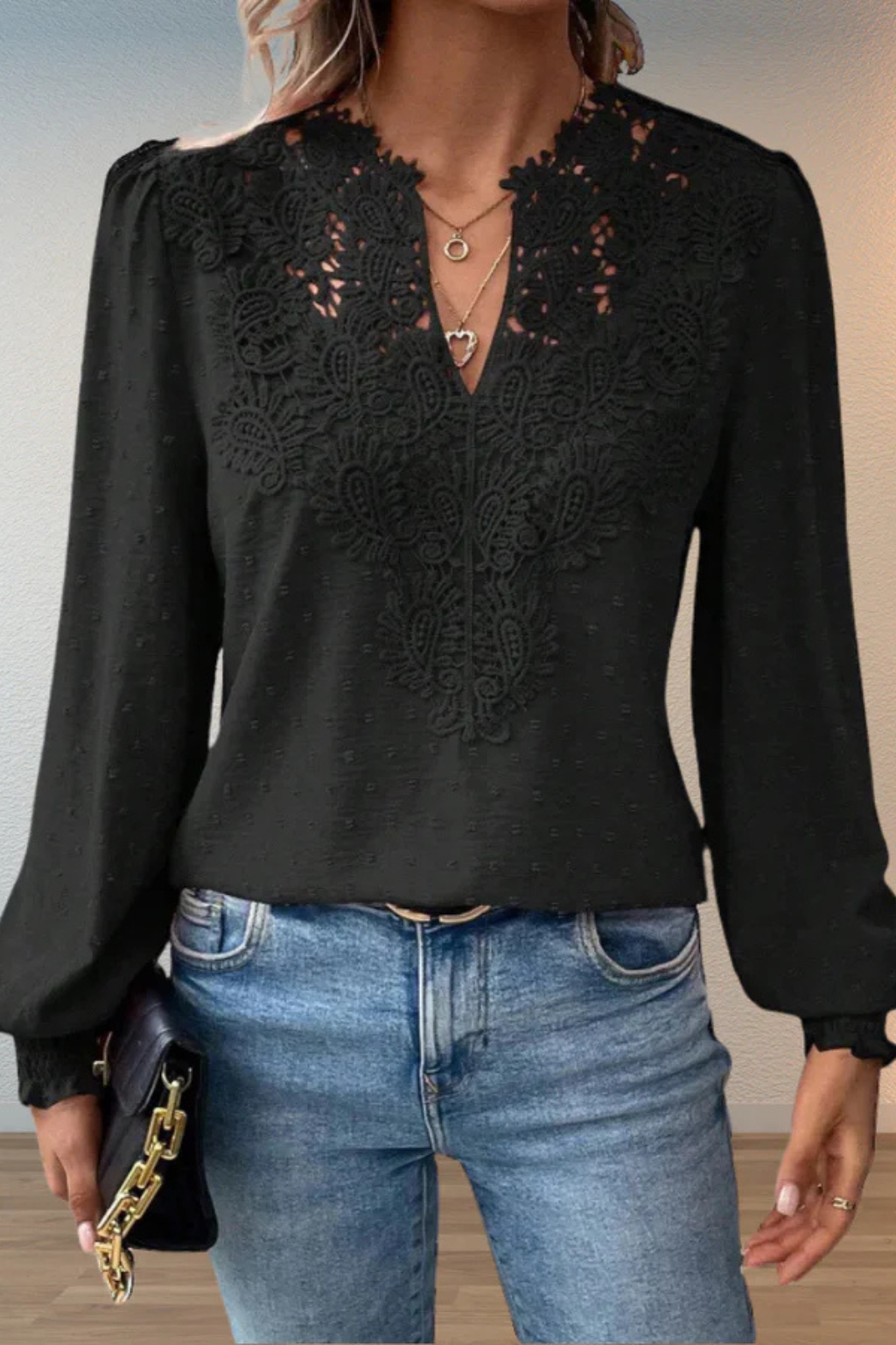 Women's Chiffon Blouse with Lace Appliqué V-Neck & Balloon Sleeves – Smart Casual Top