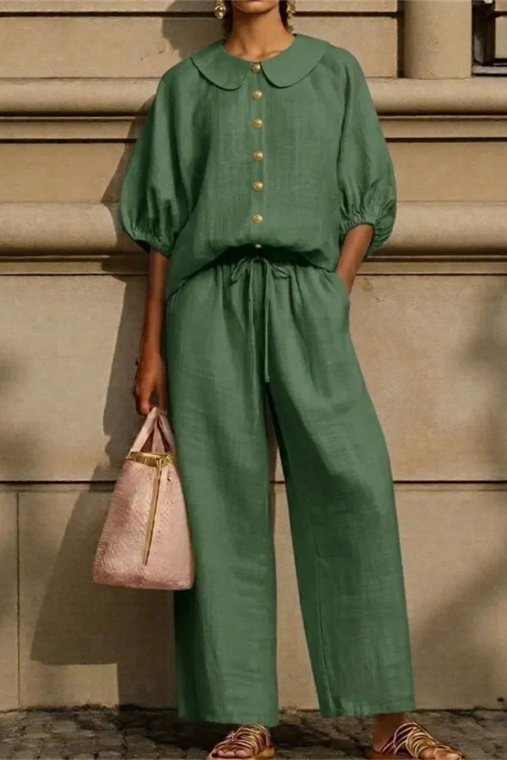 Women's Linen Co-Ord Set – Peter Pan Collar Blouse & Wide Leg Pants