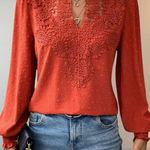 Women's Chiffon Blouse with Lace Appliqué V-Neck & Balloon Sleeves – Smart Casual Top