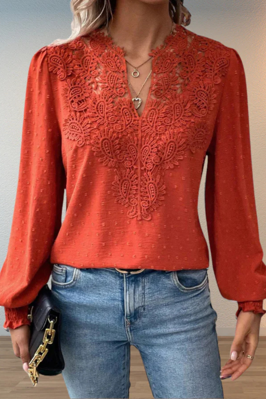 Women's Chiffon Blouse with Lace Appliqué V-Neck & Balloon Sleeves – Smart Casual Top