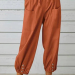 Women's Linen Cropped Pants with Drawstring Waist & Button Hem – Casual Summer Pants