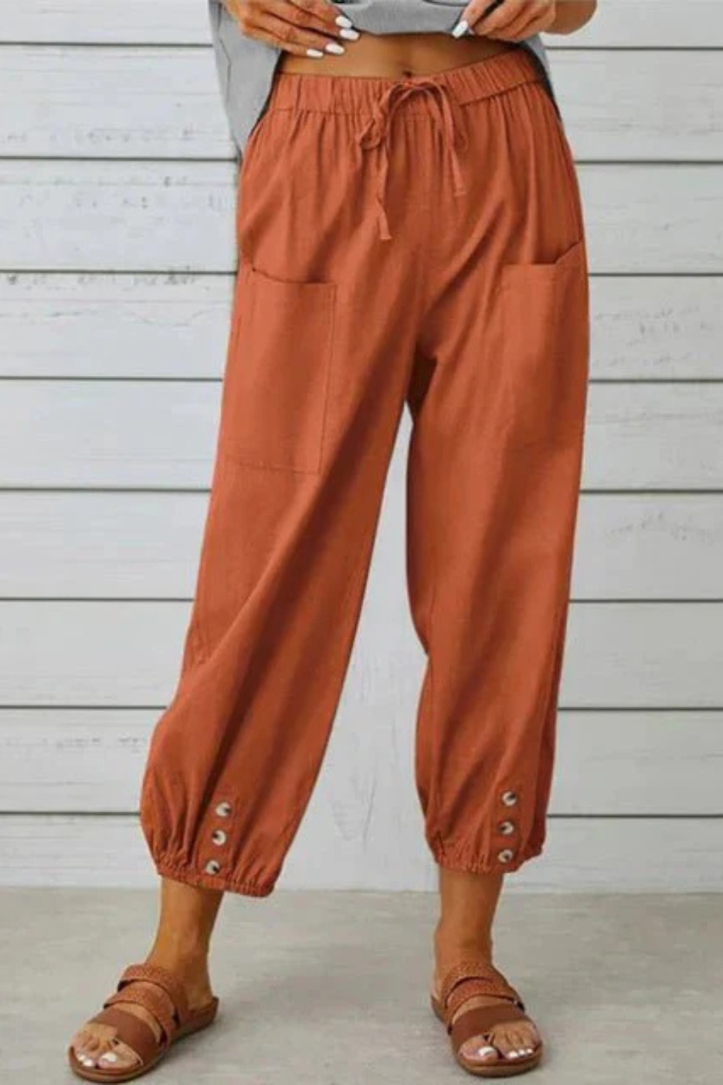 Women's Linen Cropped Pants with Drawstring Waist & Button Hem – Casual Summer Pants