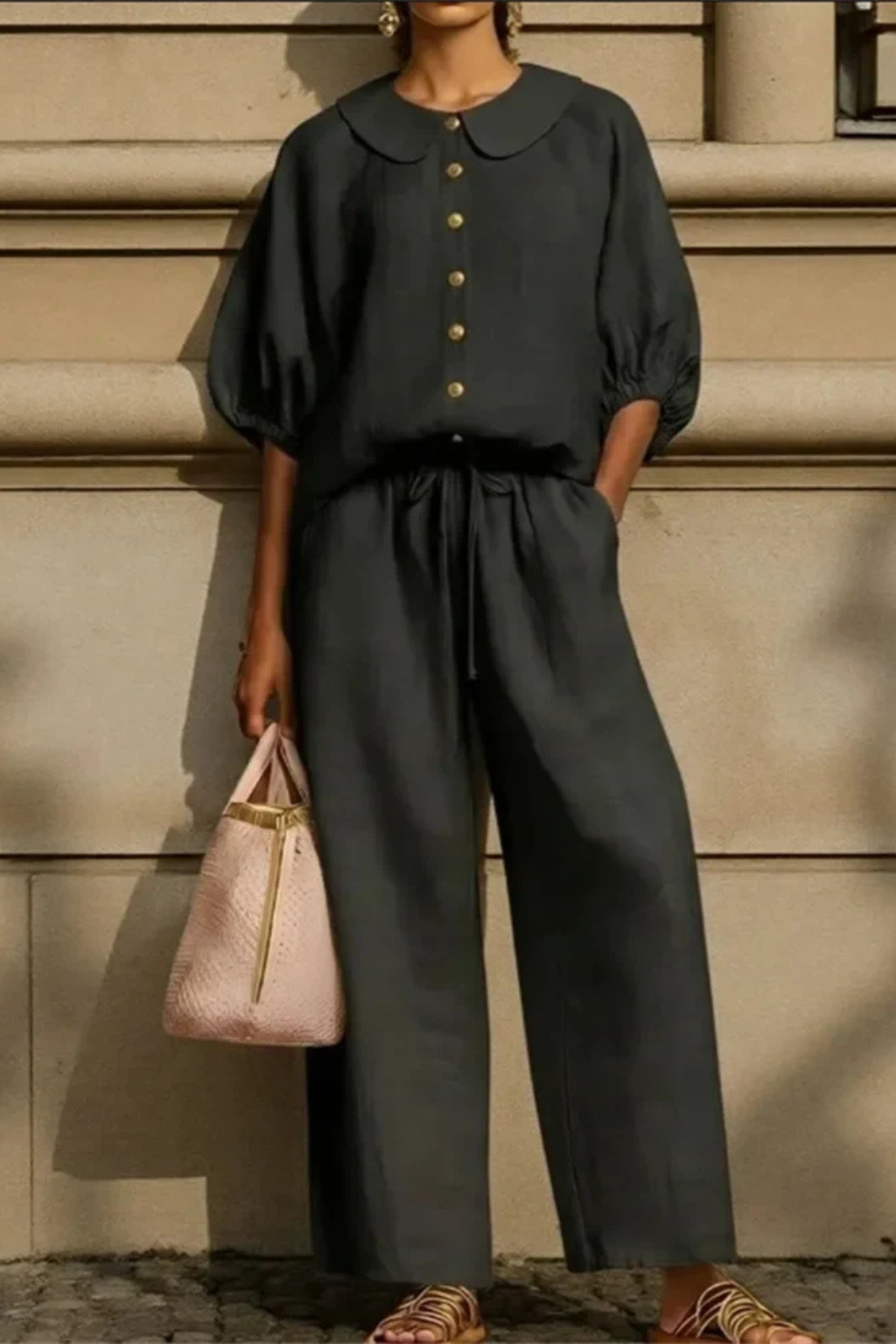 Women's Linen Co-Ord Set – Peter Pan Collar Blouse & Wide Leg Pants