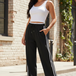 Women's Wide Leg Pants with Side Stripe & Drawstring Waist – Casual Relaxed Pants
