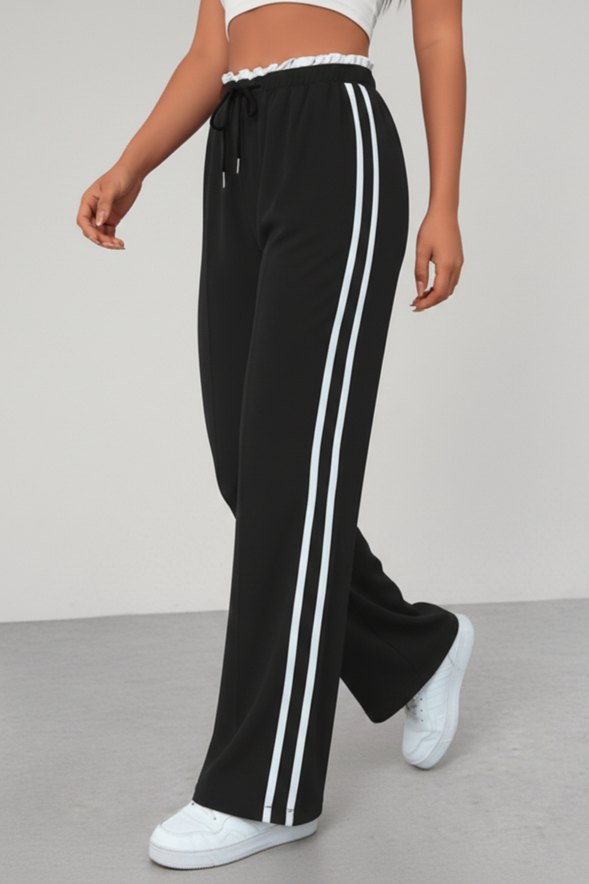 Women's Wide Leg Pants with Side Stripe & Drawstring Waist – Casual Relaxed Pants