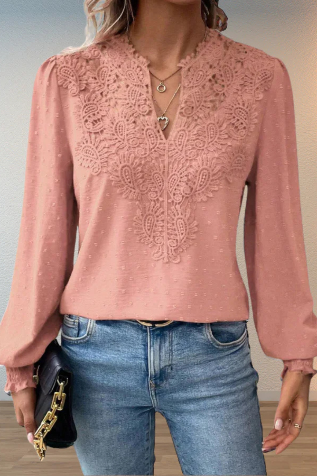 Women's Chiffon Blouse with Lace Appliqué V-Neck & Balloon Sleeves – Smart Casual Top