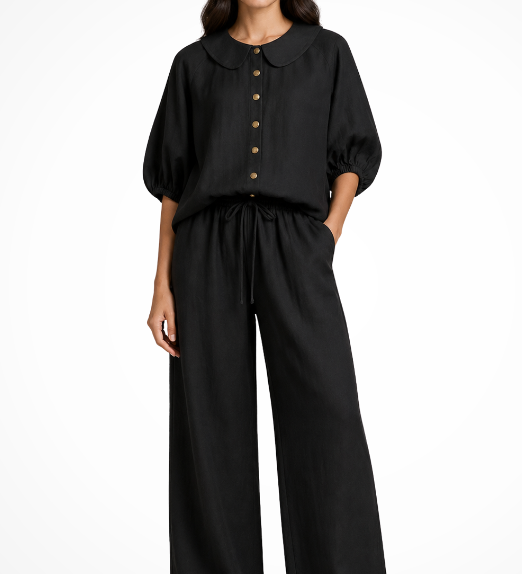 Women's Linen Co-Ord Set – Peter Pan Collar Blouse & Wide Leg Pants