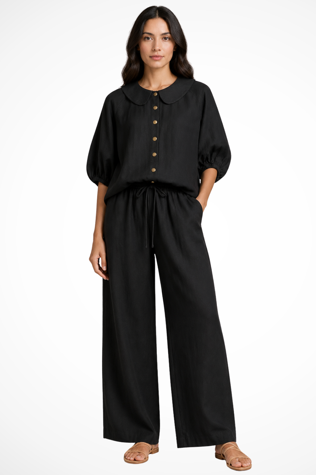 Women's Linen Co-Ord Set – Peter Pan Collar Blouse & Wide Leg Pants