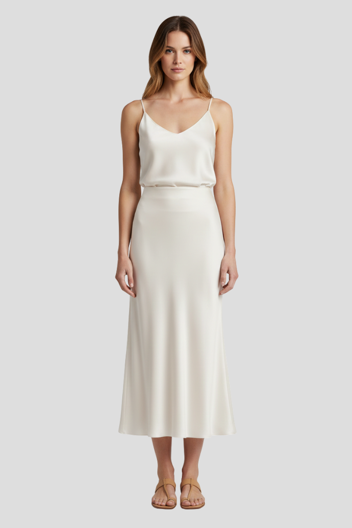 Women's High Waist Satin-Look Draped Midi Skirt – Lined Elegant Occasion Skirt