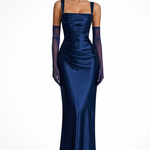 Women's Square Neck Ruched Satin Maxi Dress with Gloves – Formal Evening Occasion Dress
