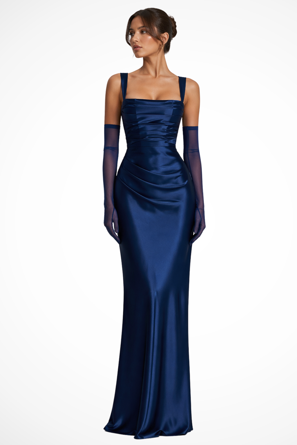 Women's Square Neck Ruched Satin Maxi Dress with Gloves – Formal Evening Occasion Dress