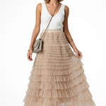 Women's Layered Tulle Tiered Midi Skirt – High Waist Flared Skirt for Events