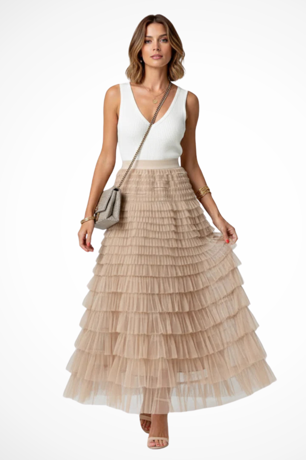 Women's Layered Tulle Tiered Midi Skirt – High Waist Flared Skirt for Events