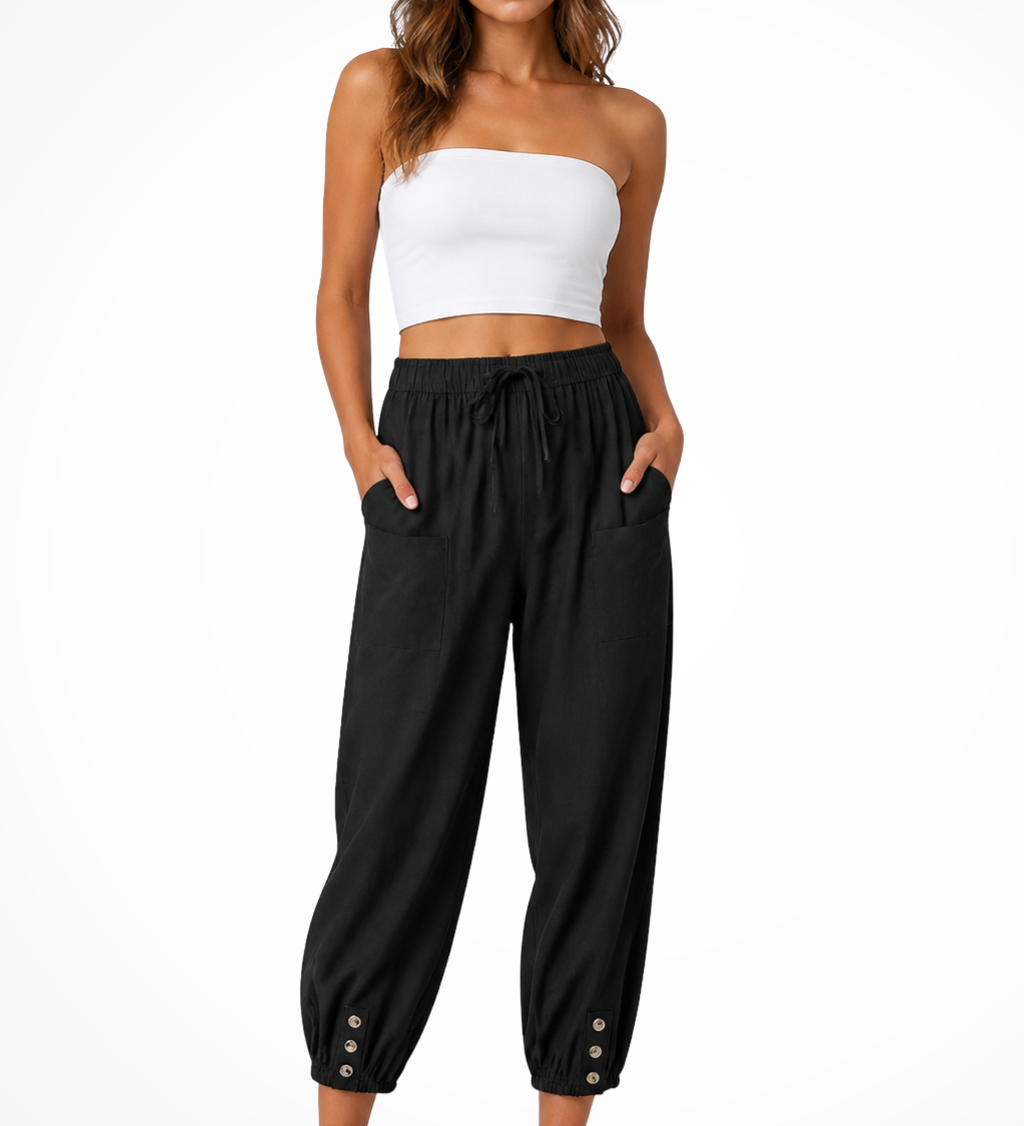 Women's Linen Cropped Pants with Drawstring Waist & Button Hem – Casual Summer Pants