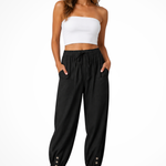 Women's Linen Cropped Pants with Drawstring Waist & Button Hem – Casual Summer Pants