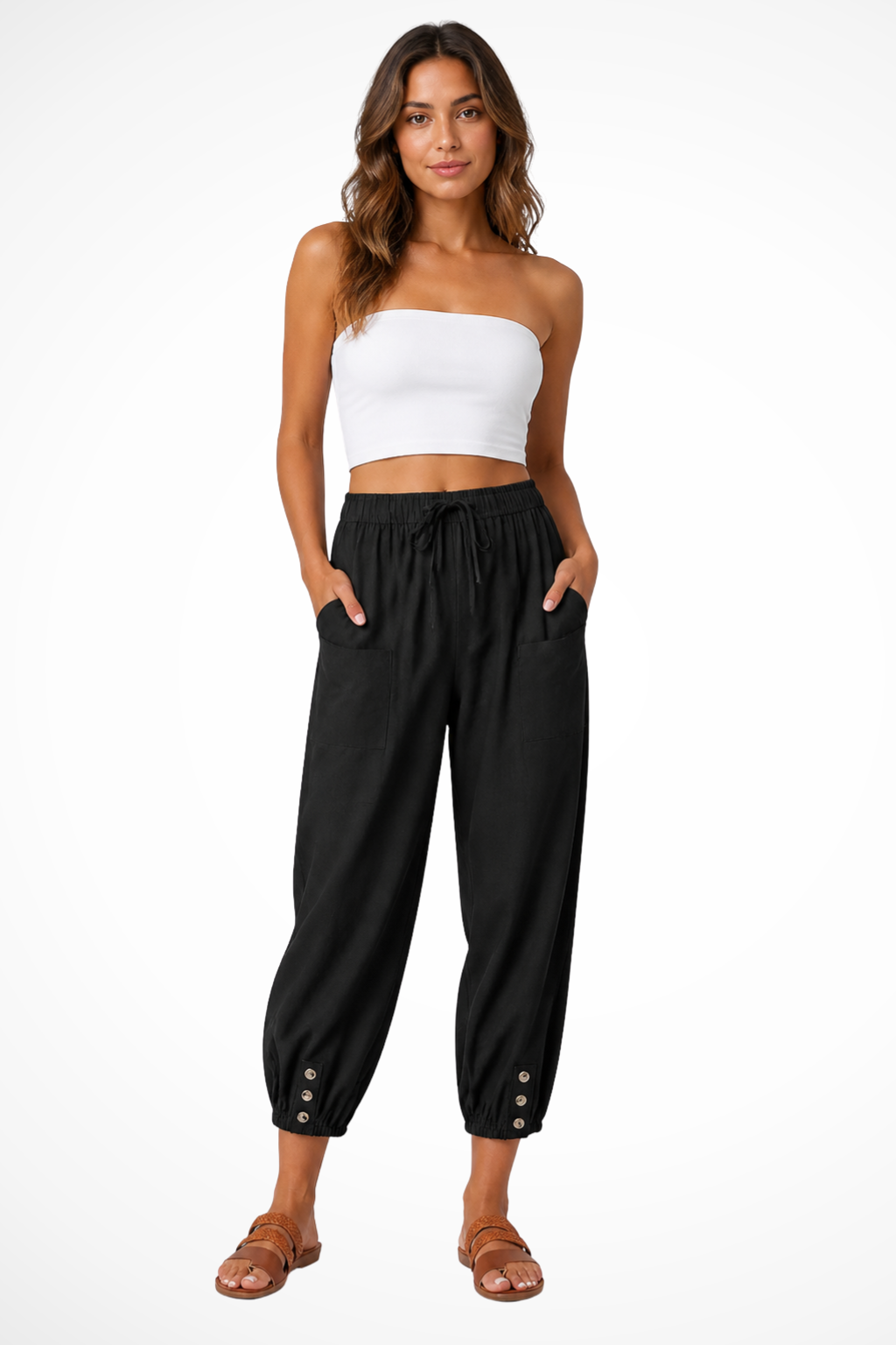 Women's Linen Cropped Pants with Drawstring Waist & Button Hem – Casual Summer Pants