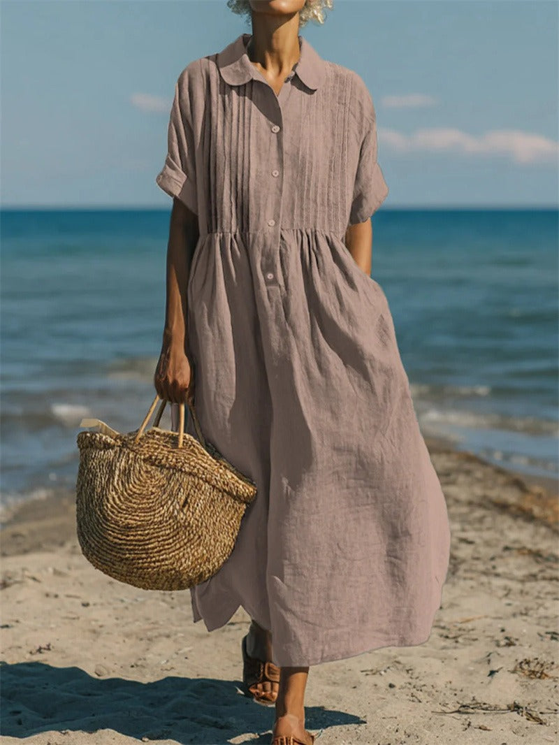 Women's Pintuck Linen Maxi Shirt Dress – Summer Beach & Holiday Dress