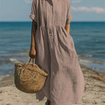 Women's Pintuck Linen Maxi Shirt Dress – Summer Beach & Holiday Dress