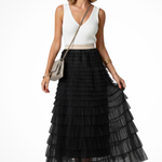 Women's Layered Tulle Tiered Midi Skirt – High Waist Flared Skirt for Events