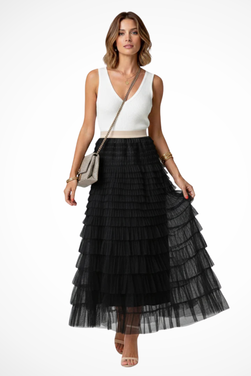 Women's Layered Tulle Tiered Midi Skirt – High Waist Flared Skirt for Events