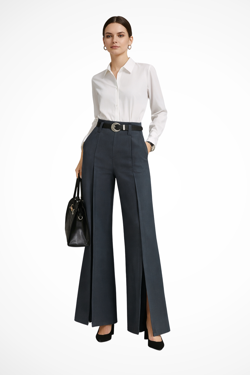 Women's High Waist Wide Leg Pants with Belt – Tailored Pleated Work Pants