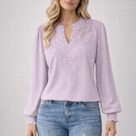 Women's Chiffon Blouse with Lace Appliqué V-Neck & Balloon Sleeves – Smart Casual Top