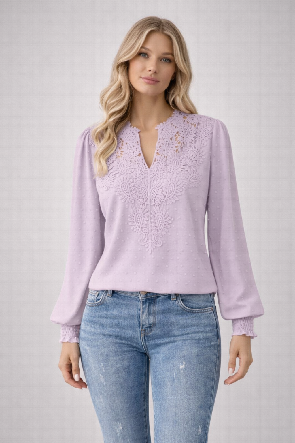 Women's Chiffon Blouse with Lace Appliqué V-Neck & Balloon Sleeves – Smart Casual Top