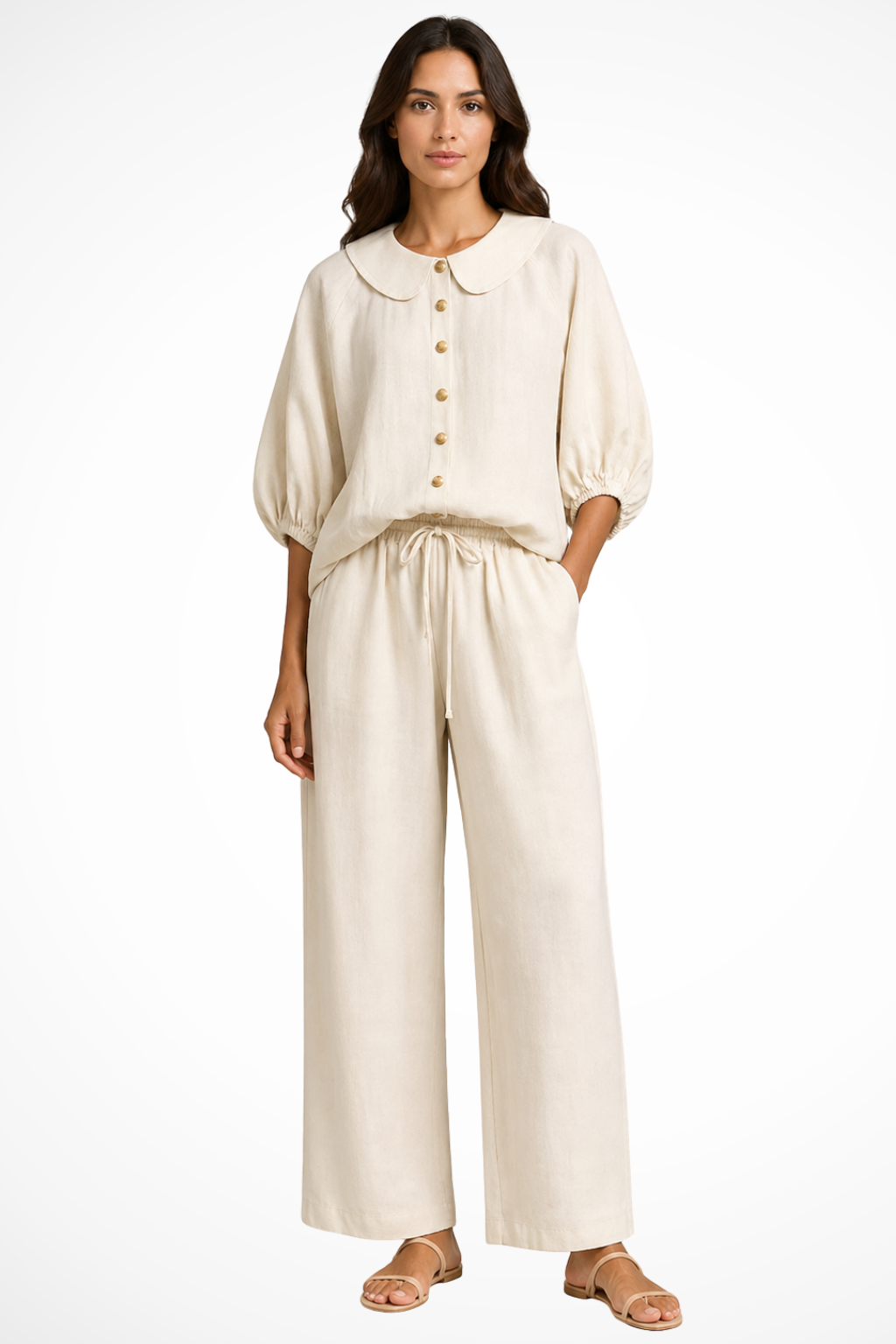 Women's Linen Co-Ord Set – Peter Pan Collar Blouse & Wide Leg Pants