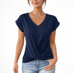 Women's V Neck Short Sleeve Top with Twist Hem – Going Out and Everyday Summer Top