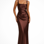 Women's Square Neck Ruched Satin Maxi Dress with Gloves – Formal Evening Occasion Dress