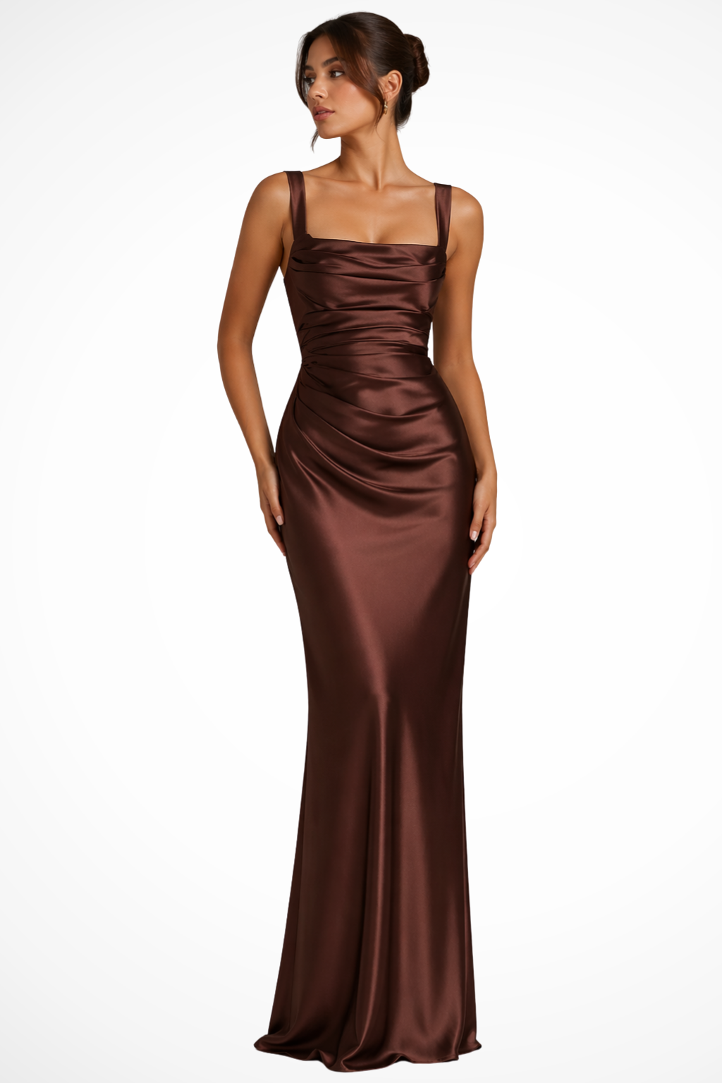 Women's Square Neck Ruched Satin Maxi Dress with Gloves – Formal Evening Occasion Dress