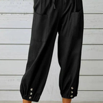 Women's Linen Cropped Pants with Drawstring Waist & Button Hem – Casual Summer Pants