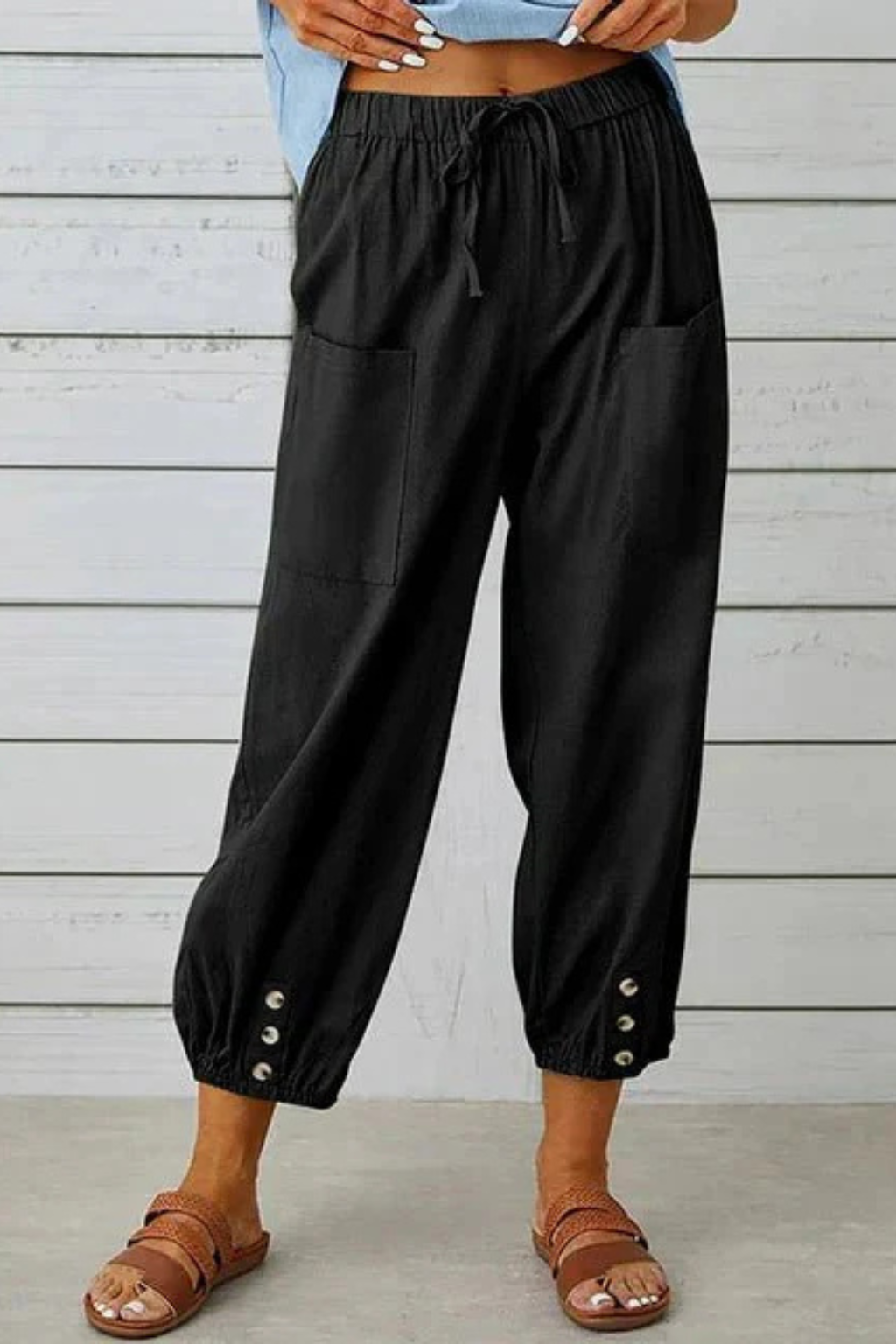 Women's Linen Cropped Pants with Drawstring Waist & Button Hem – Casual Summer Pants