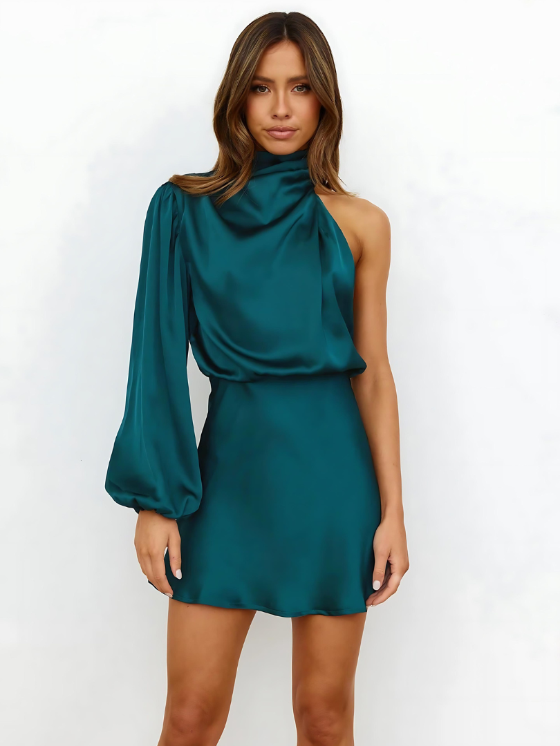 Women's One-Shoulder Long Sleeve Satin-Look Dress – Fitted Asymmetric Wedding Guest Dress