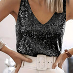 Women's Sequin Glitter V-Neck Tank Top – Sparkly Party & Evening Going Out Top