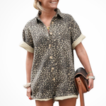 Women's Cheetah Print Mini Romper with Button Front and Short Cuffed Sleeves – Spring