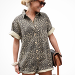 Women's Cheetah Print Mini Romper with Button Front and Short Cuffed Sleeves – Spring