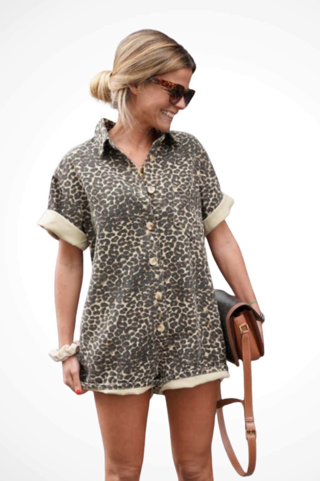 Women's Cheetah Print Mini Romper with Button Front and Short Cuffed Sleeves – Spring