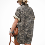 Women's Cheetah Print Mini Romper with Button Front and Short Cuffed Sleeves – Spring