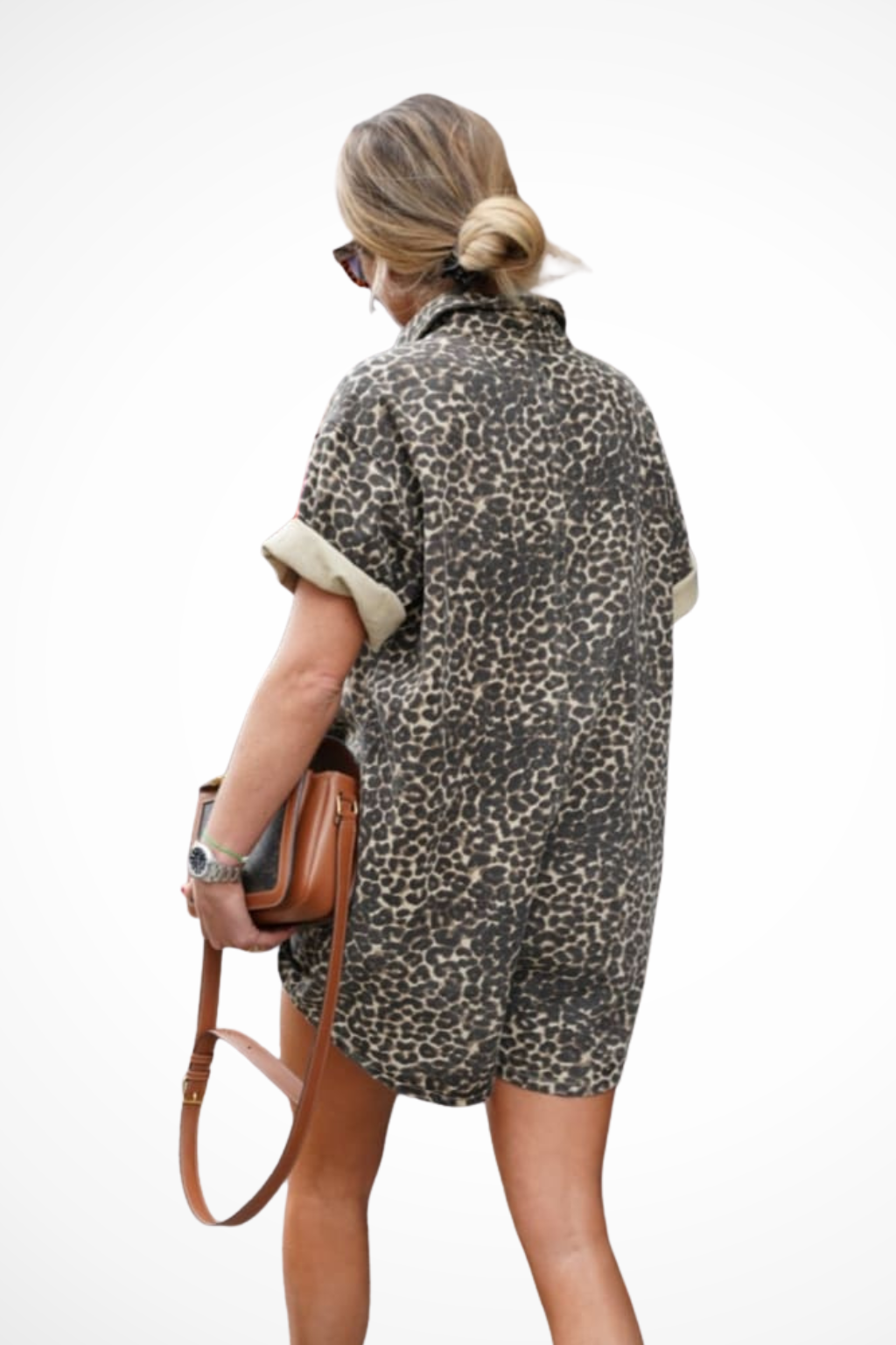 Women's Cheetah Print Mini Romper with Button Front and Short Cuffed Sleeves – Spring