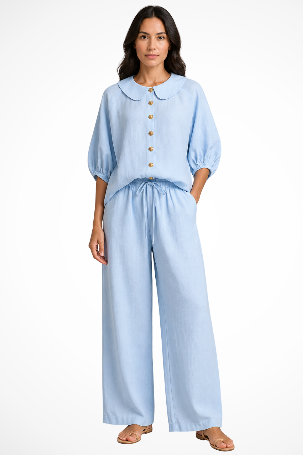 Women's Linen Co-Ord Set – Peter Pan Collar Blouse & Wide Leg Pants