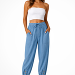 Women's Linen Cropped Pants with Drawstring Waist & Button Hem – Casual Summer Pants