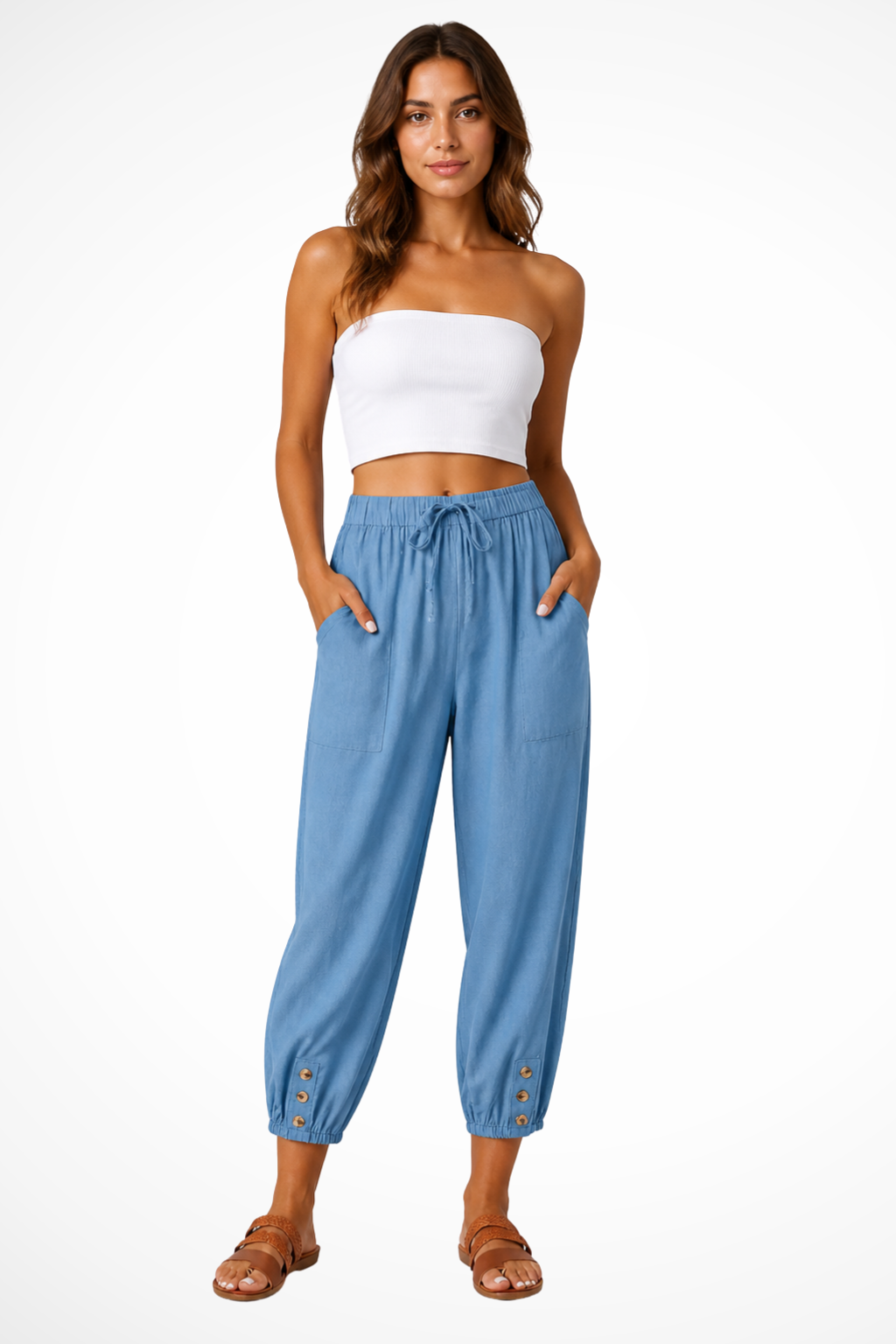 Women's Linen Cropped Pants with Drawstring Waist & Button Hem – Casual Summer Pants
